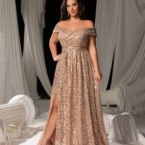Plus Size Glamorous Off-Shoulder Sequin Gown
